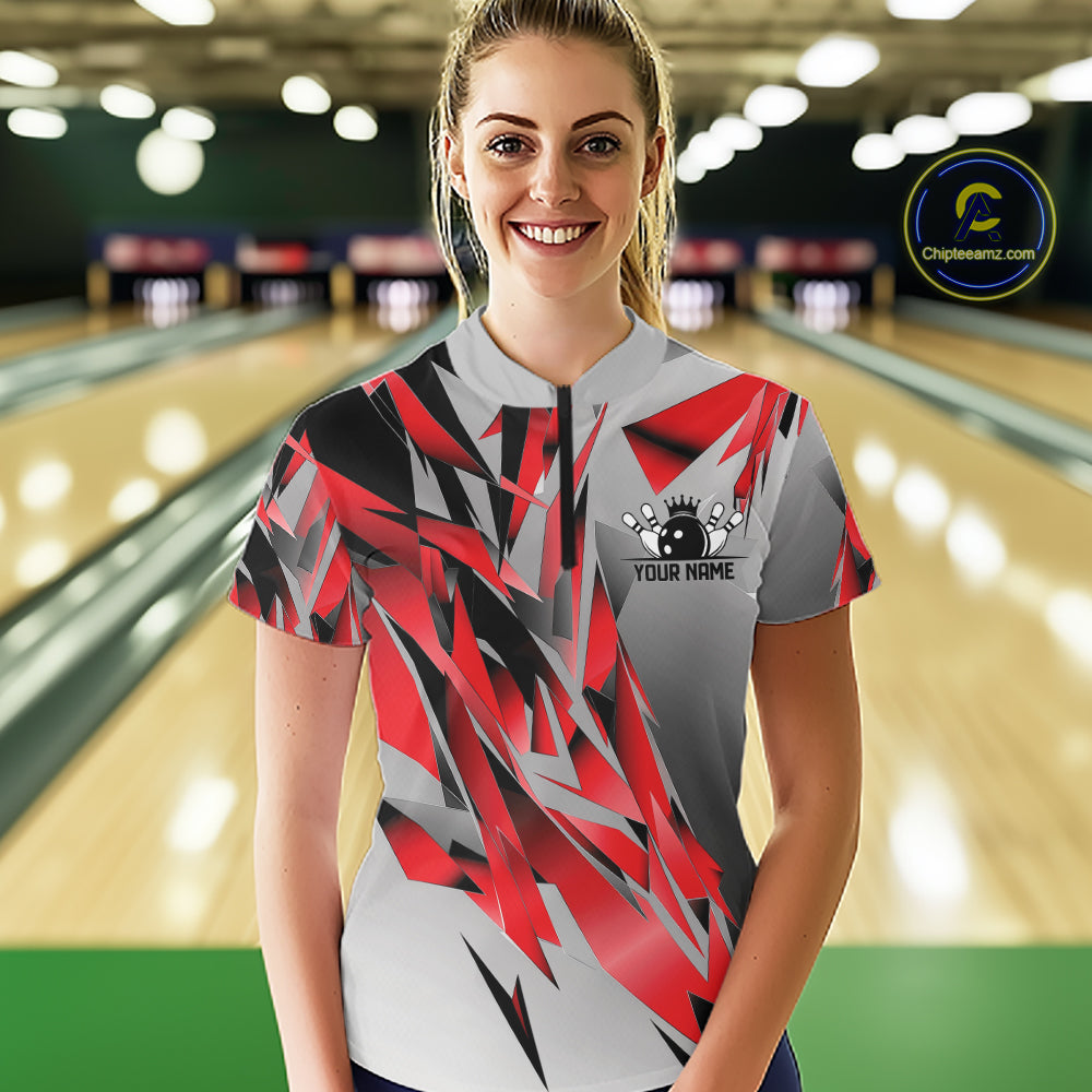 Red And Gray Custom Bowling Jersey, Matching Bowling Team Women Quarter-Zip Shirt  IPHW12250