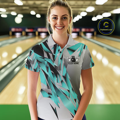 Turquoise Blue Custom Bowling Jersey, Matching Bowling Team Women Polo Shirt Bowler Gift IPHW12251