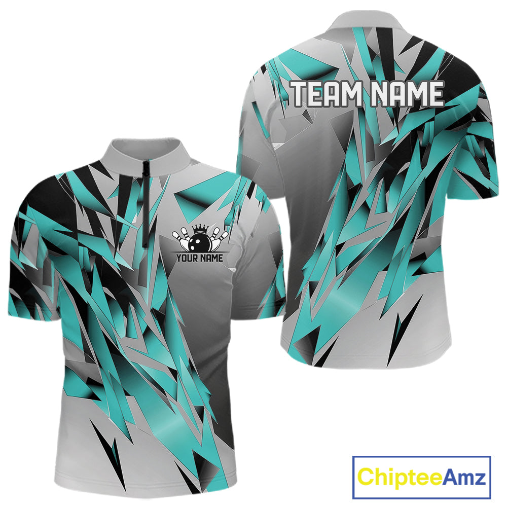 Turquoise Blue Custom Bowling Jersey, Matching Bowling Team Men Quarter Zip Shirt Bowler Gift IPHW12251