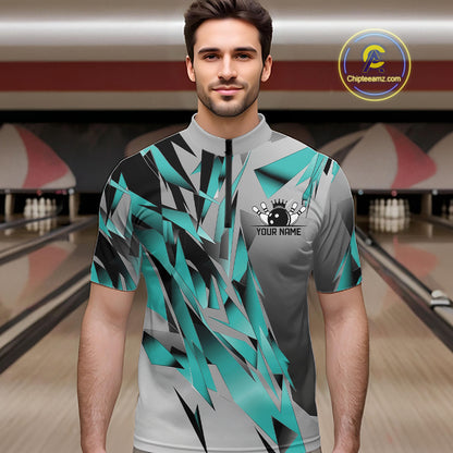 Turquoise Blue Custom Bowling Jersey, Matching Bowling Team Men Quarter Zip Shirt Bowler Gift IPHW12251