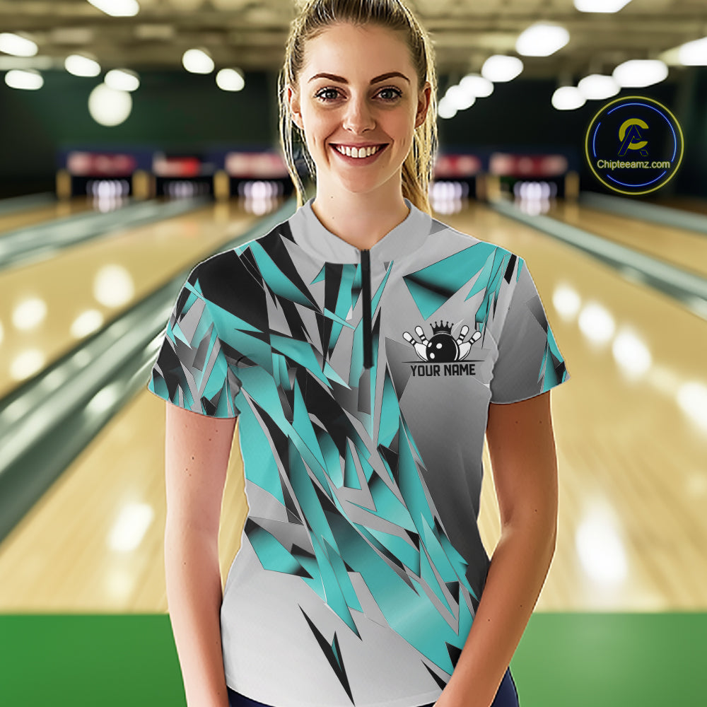 Turquoise Blue Custom Bowling Jersey, Matching Bowling Team Women Quarter-Zip Shirt  IPHW12251