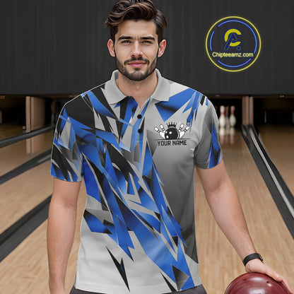 Blue And Gray Custom Bowling Jersey, Matching Bowling Team Men Polo Shirt Bowler Gift IPHW12252