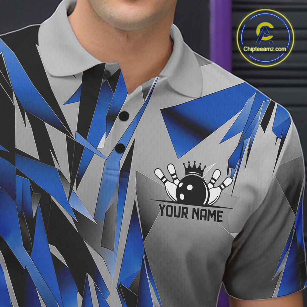 Blue And Gray Custom Bowling Jersey, Matching Bowling Team Men Polo Shirt Bowler Gift IPHW12252