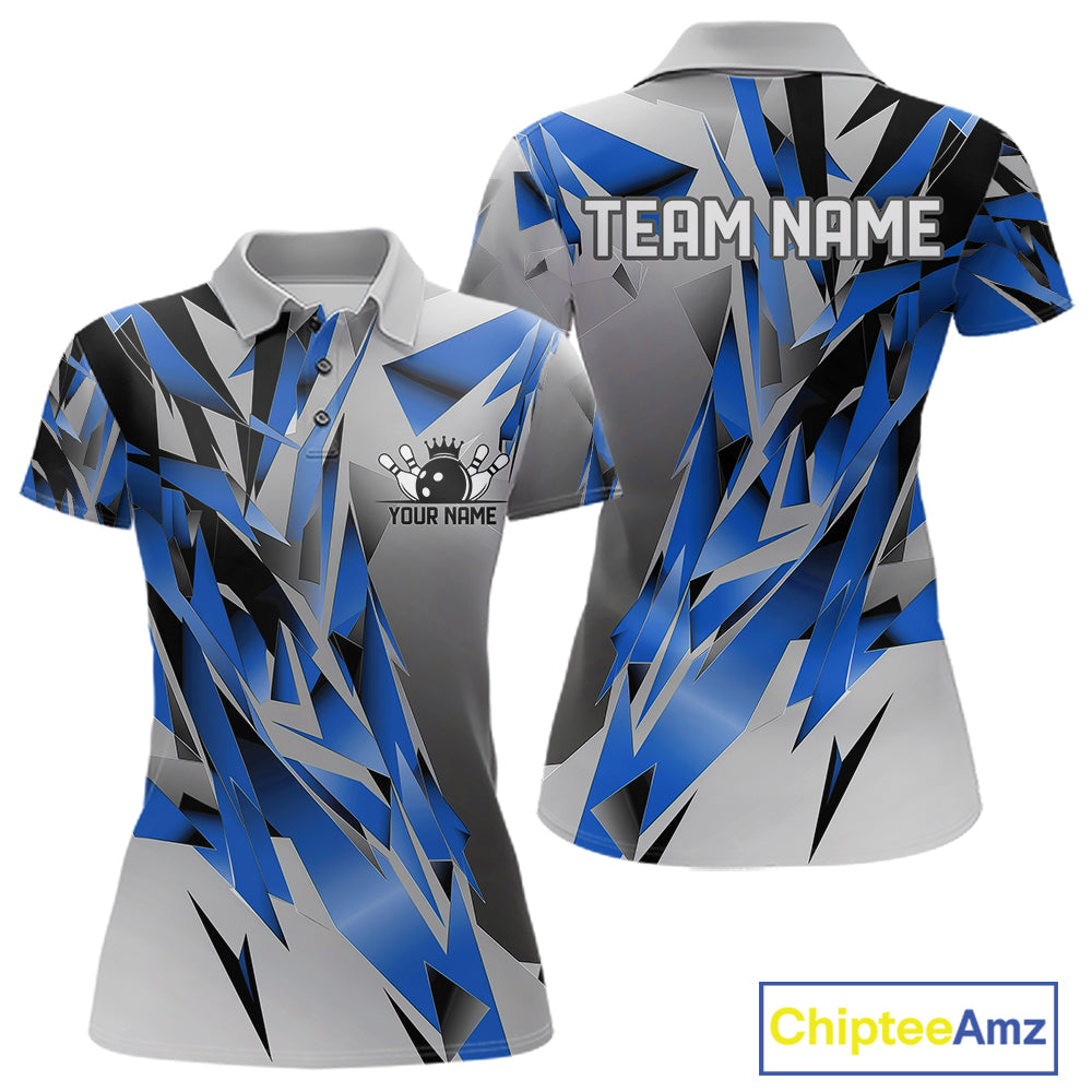 Blue And Gray Custom Bowling Jersey, Matching Bowling Team Women Polo Shirt Bowler Gift IPHW12252