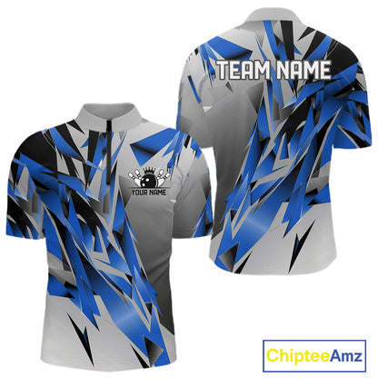 Blue And Gray Custom Bowling Jersey, Matching Bowling Team Men Quarter Zip Shirt Bowler Gift IPHW12252
