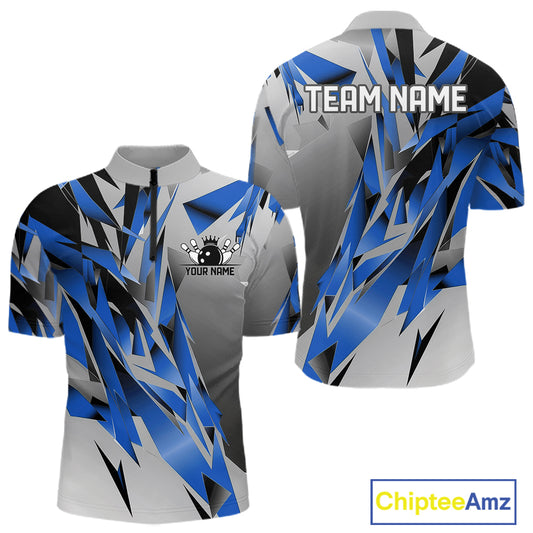 Blue And Gray Custom Bowling Jersey, Matching Bowling Team Men Quarter Zip Shirt Bowler Gift IPHW12252