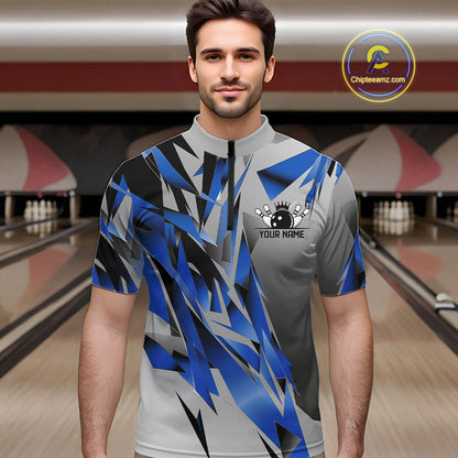 Blue And Gray Custom Bowling Jersey, Matching Bowling Team Men Quarter Zip Shirt Bowler Gift IPHW12252