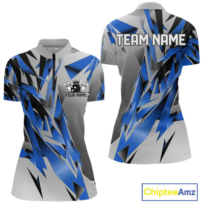 Blue And Gray Custom Bowling Jersey, Matching Bowling Team Women Quarter-Zip Shirt  IPHW12252