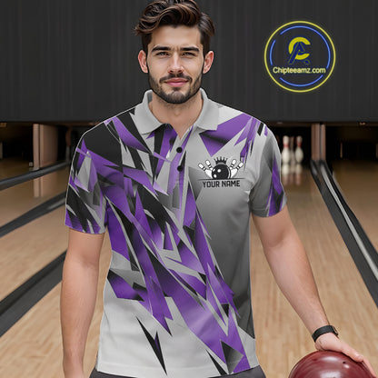Purple And Gray Custom Bowling Jersey, Matching Bowling Team Men Polo Shirt Bowler Gift IPHW12253