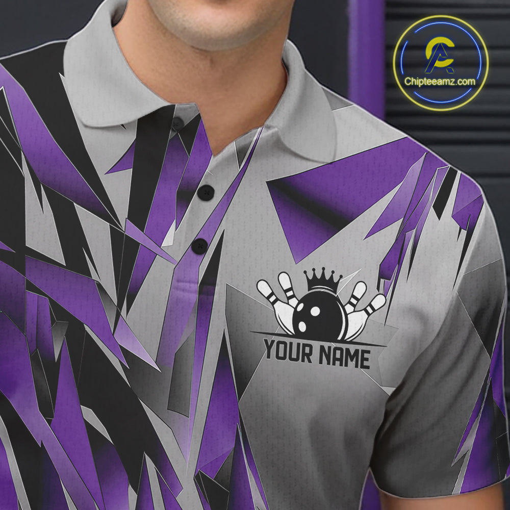 Purple And Gray Custom Bowling Jersey, Matching Bowling Team Men Polo Shirt Bowler Gift IPHW12253
