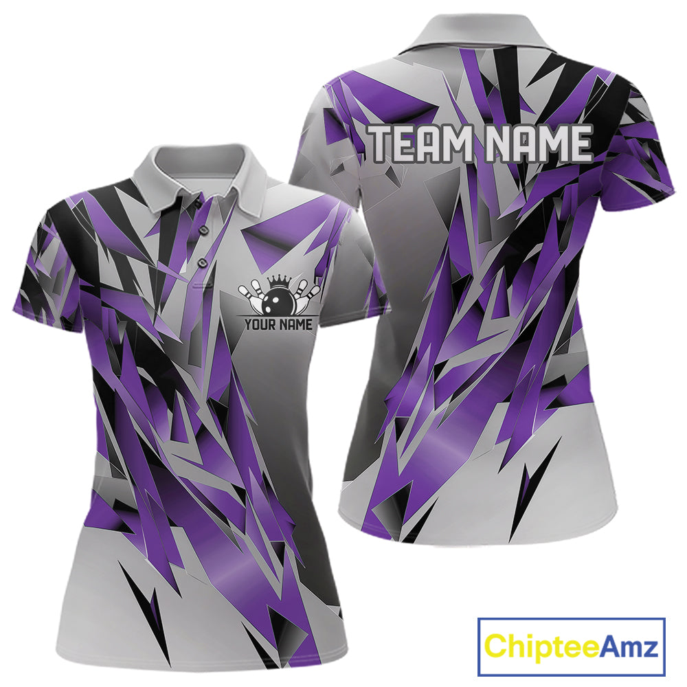 Purple And Gray Custom Bowling Jersey, Matching Bowling Team Women Polo Shirt Bowler Gift IPHW12253