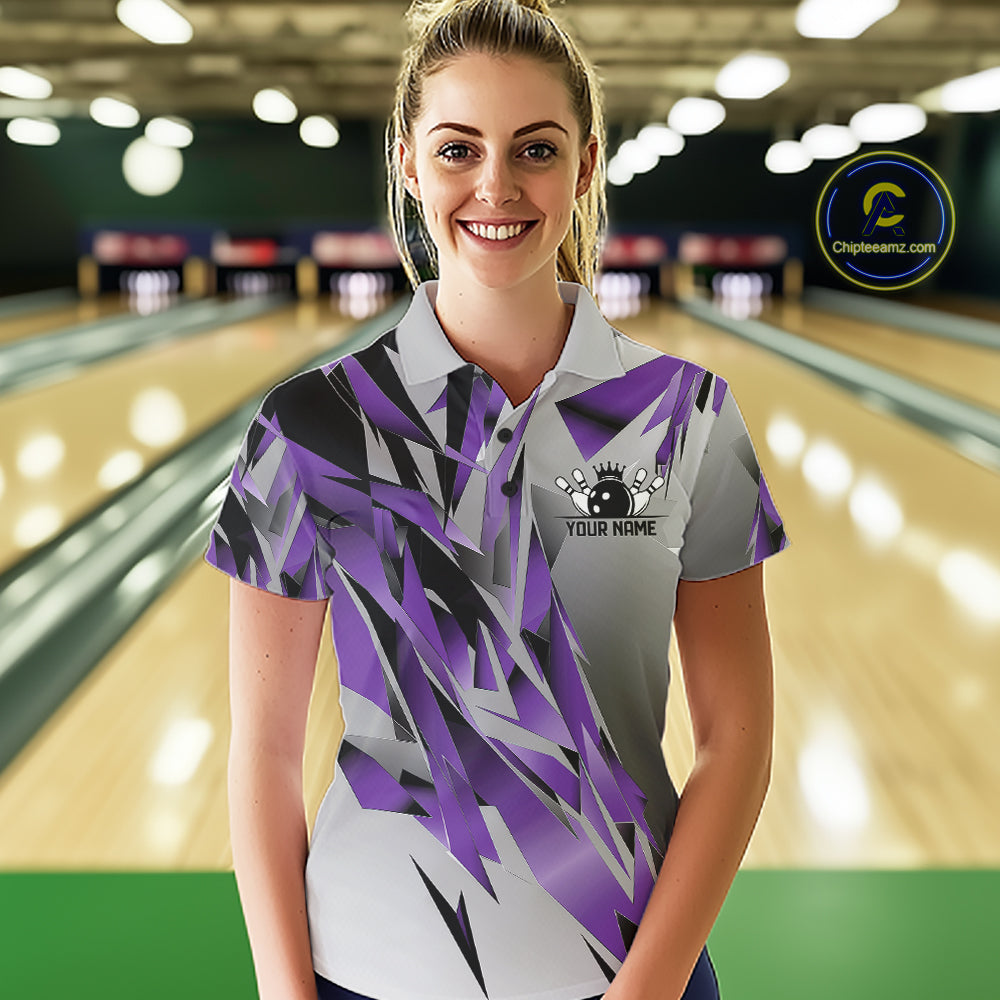 Purple And Gray Custom Bowling Jersey, Matching Bowling Team Women Polo Shirt Bowler Gift IPHW12253