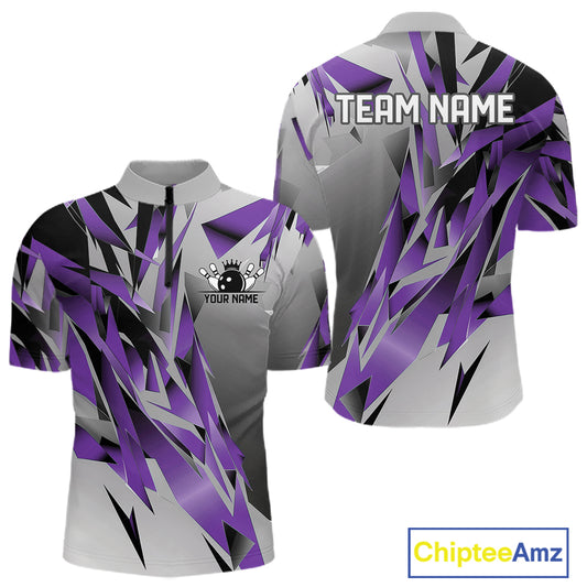 Purple And Gray Custom Bowling Jersey, Matching Bowling Team Men Quarter Zip Shirt Bowler Gift IPHW12253