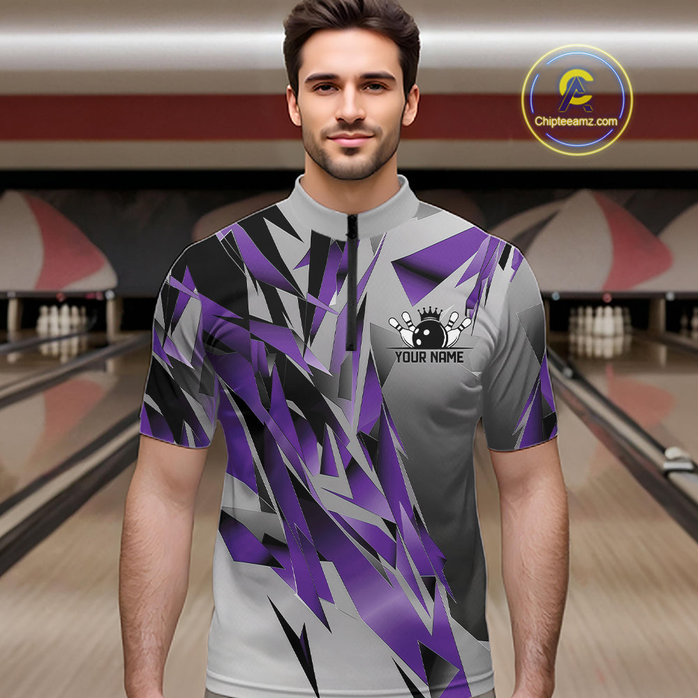 Purple And Gray Custom Bowling Jersey, Matching Bowling Team Men Quarter Zip Shirt Bowler Gift IPHW12253