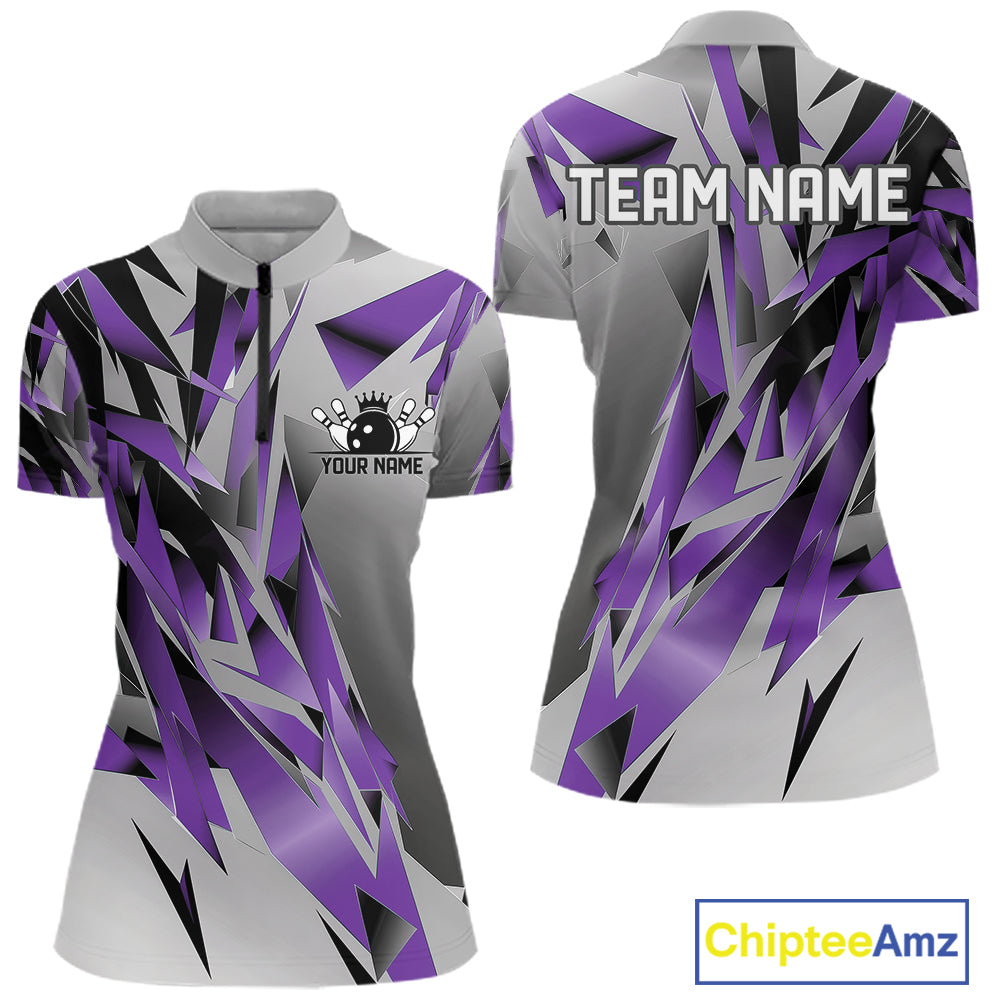 Purple And Gray Custom Bowling Jersey, Matching Bowling Team Women Quarter-Zip Shirt  IPHW12253