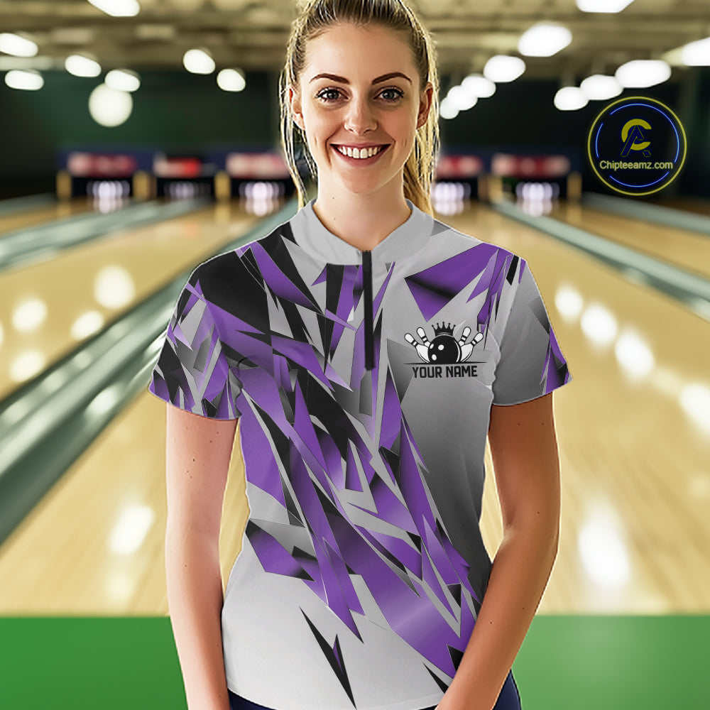 Purple And Gray Custom Bowling Jersey, Matching Bowling Team Women Quarter-Zip Shirt  IPHW12253
