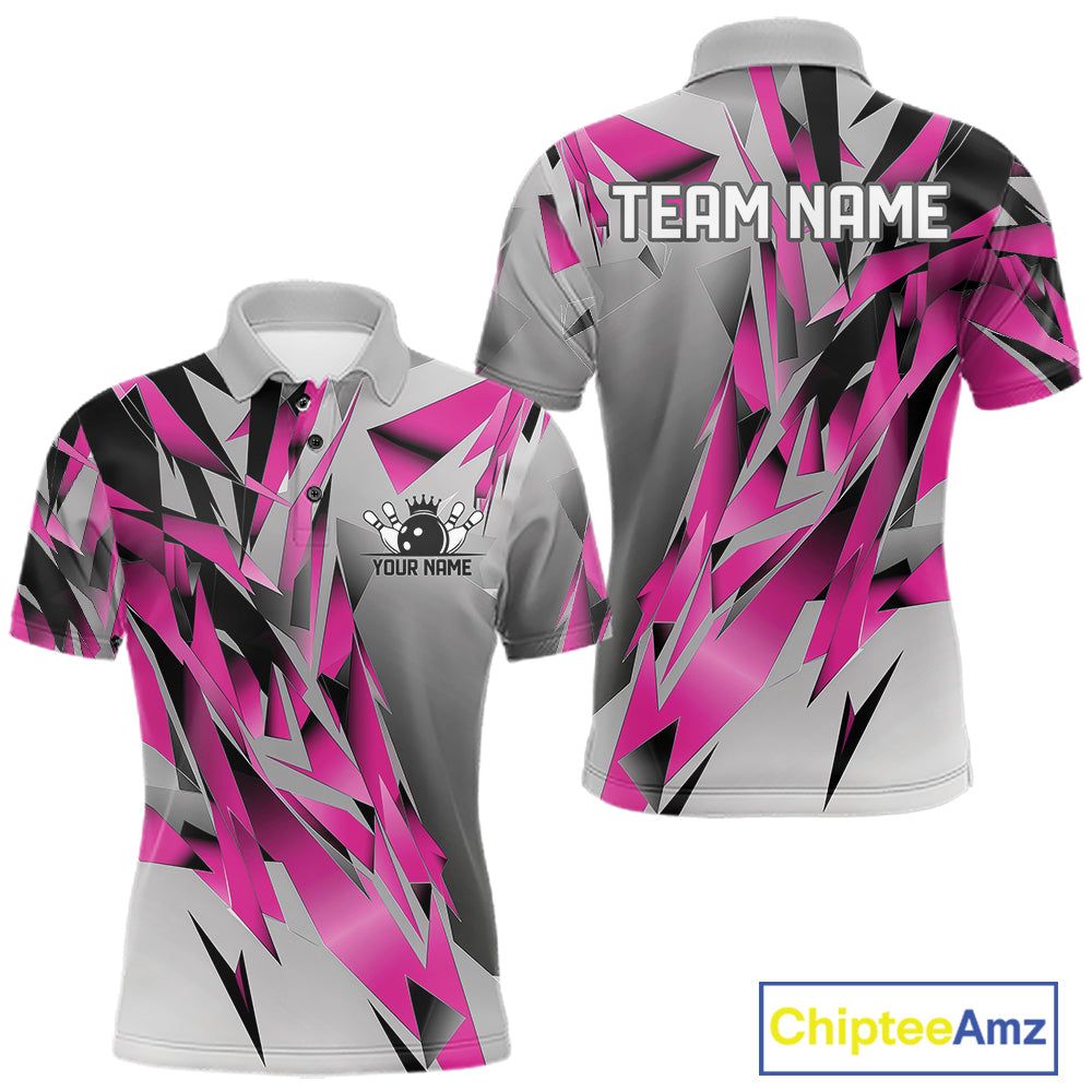 Pink And Gray Custom Bowling Jersey, Matching Bowling Team Men Polo Shirt Bowler Gift IPHW12254