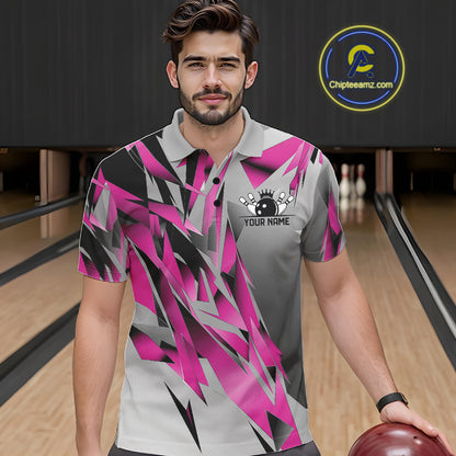 Pink And Gray Custom Bowling Jersey, Matching Bowling Team Men Polo Shirt Bowler Gift IPHW12254