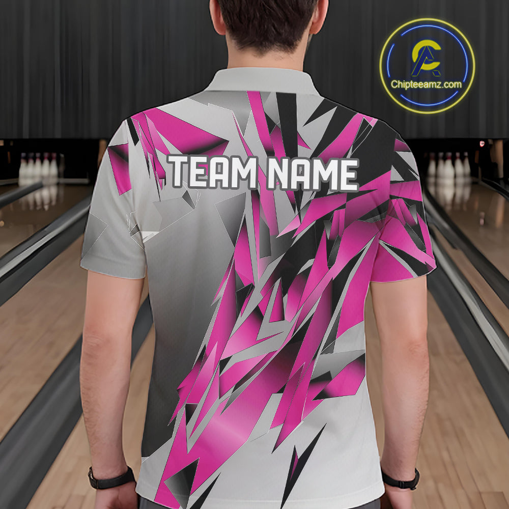 Pink And Gray Custom Bowling Jersey, Matching Bowling Team Men Polo Shirt Bowler Gift IPHW12254