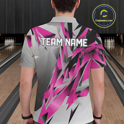 Pink And Gray Custom Bowling Jersey, Matching Bowling Team Men Polo Shirt Bowler Gift IPHW12254