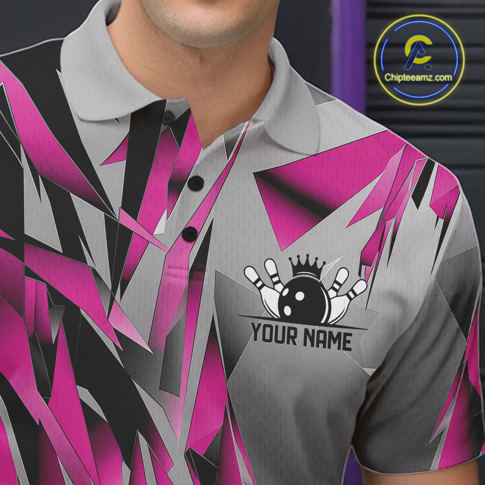 Pink And Gray Custom Bowling Jersey, Matching Bowling Team Men Polo Shirt Bowler Gift IPHW12254