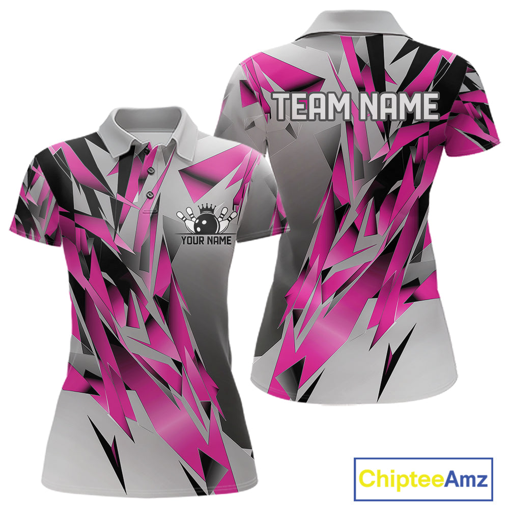 Pink And Gray Custom Bowling Jersey, Matching Bowling Team Women Polo Shirt Bowler Gift IPHW12254