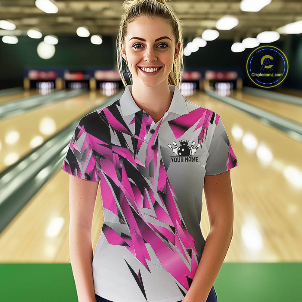 Pink And Gray Custom Bowling Jersey, Matching Bowling Team Women Polo Shirt Bowler Gift IPHW12254