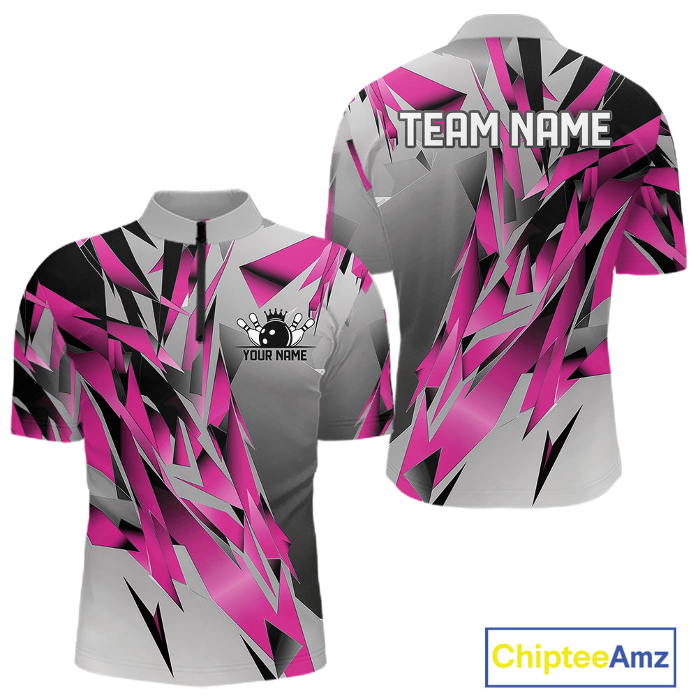 Pink And Gray Custom Bowling Jersey, Matching Bowling Team Men Quarter Zip Shirt Bowler Gift IPHW12254