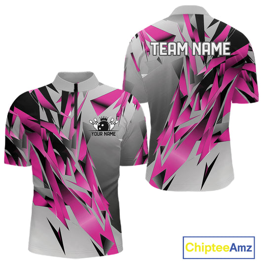 Pink And Gray Custom Bowling Jersey, Matching Bowling Team Men Quarter Zip Shirt Bowler Gift IPHW12254