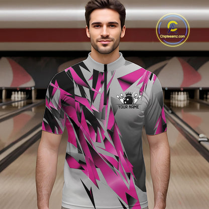 Pink And Gray Custom Bowling Jersey, Matching Bowling Team Men Quarter Zip Shirt Bowler Gift IPHW12254