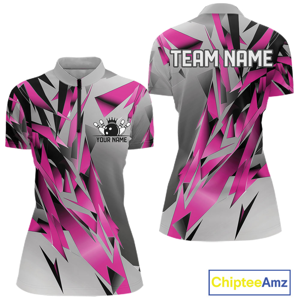 Pink And Gray Custom Bowling Jersey, Matching Bowling Team Women Quarter-Zip Shirt  IPHW12254
