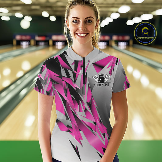 Pink And Gray Custom Bowling Jersey, Matching Bowling Team Women Quarter-Zip Shirt  IPHW12254