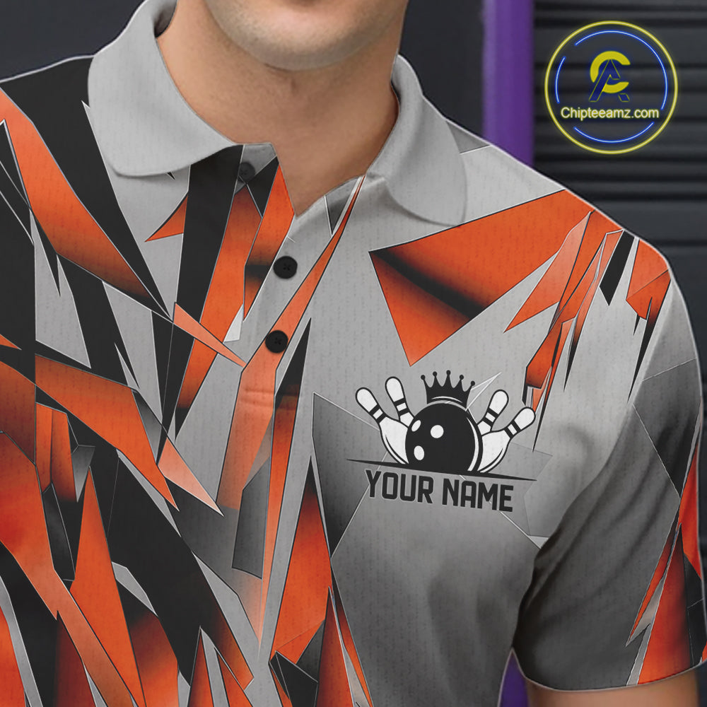 Orange And Gray Custom Bowling Jersey, Matching Bowling Team Men Polo Shirt Bowler Gift IPHW12255