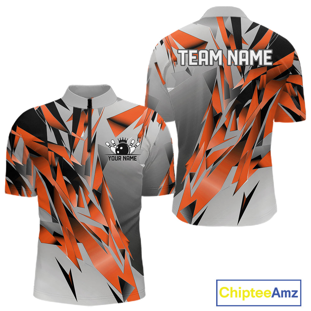 Orange And Gray Custom Bowling Jersey, Matching Bowling Team Men Quarter Zip Shirt Bowler Gift IPHW12255