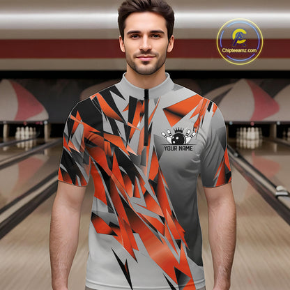 Orange And Gray Custom Bowling Jersey, Matching Bowling Team Men Quarter Zip Shirt Bowler Gift IPHW12255