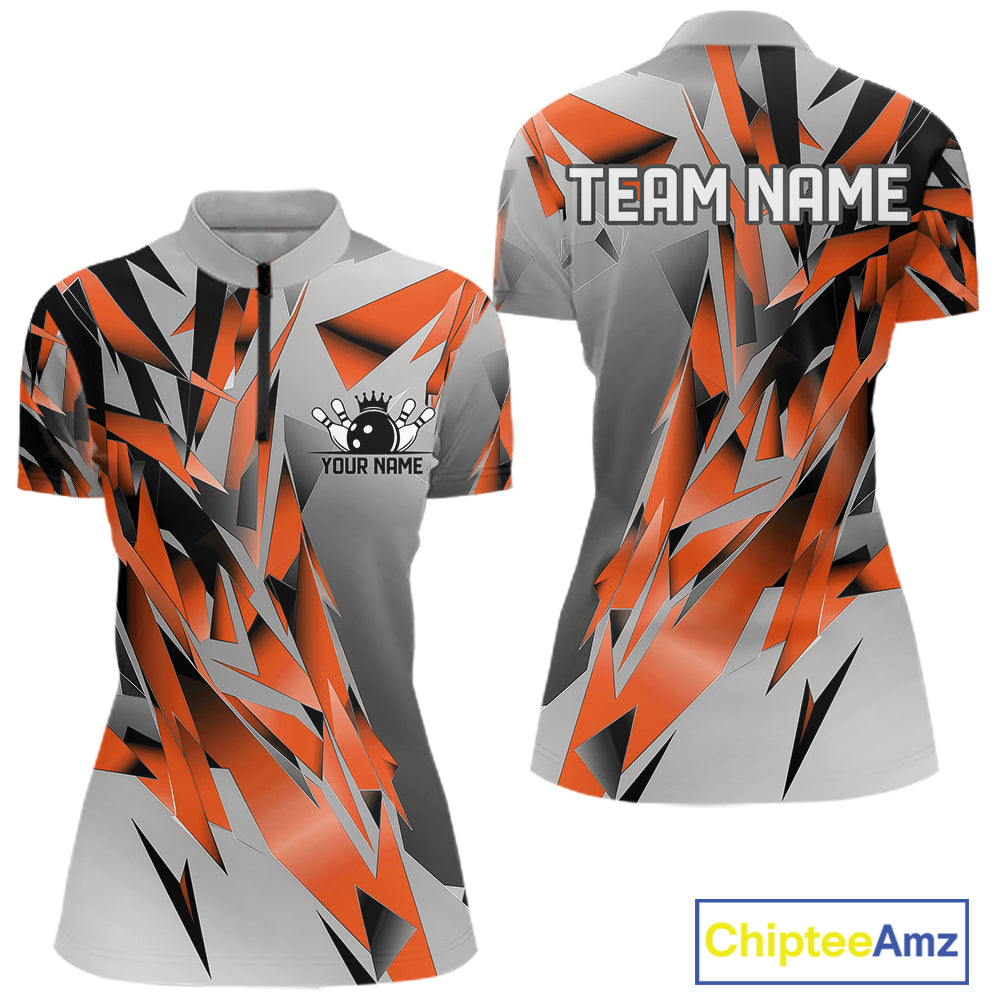 Orange And Gray Custom Bowling Jersey, Matching Bowling Team Women Quarter-Zip Shirt  IPHW12255