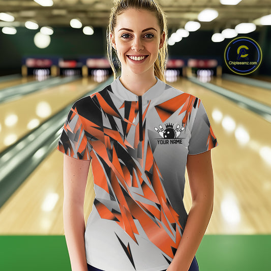 Orange And Gray Custom Bowling Jersey, Matching Bowling Team Women Quarter-Zip Shirt  IPHW12255
