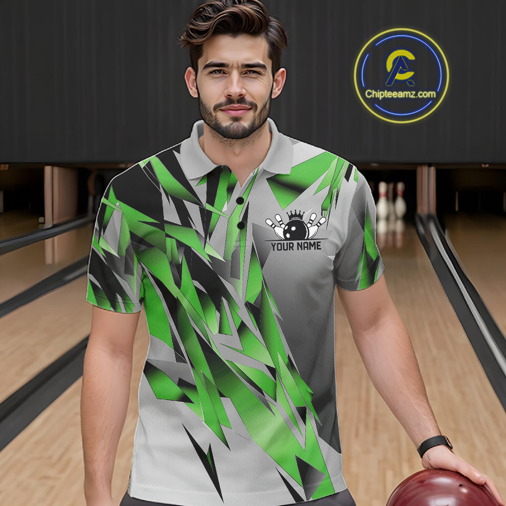Green And Gray Custom Bowling Jersey, Matching Bowling Team Men Polo Shirt Bowler Gift IPHW12256