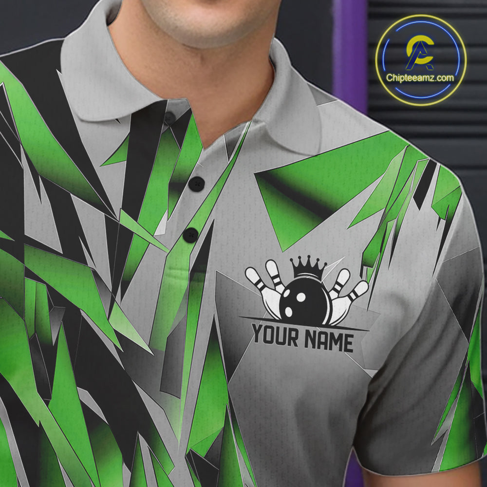 Green And Gray Custom Bowling Jersey, Matching Bowling Team Men Polo Shirt Bowler Gift IPHW12256
