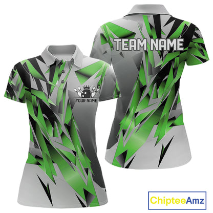 Green And Gray Custom Bowling Jersey, Matching Bowling Team Women Polo Shirt Bowler Gift IPHW12256