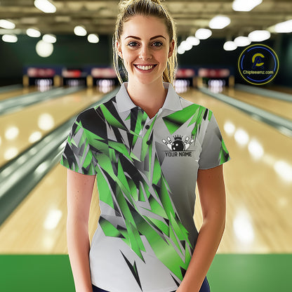 Green And Gray Custom Bowling Jersey, Matching Bowling Team Women Polo Shirt Bowler Gift IPHW12256
