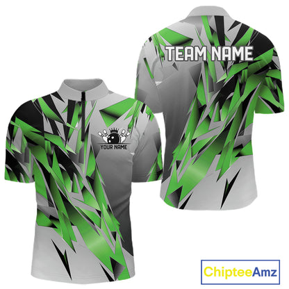 Green And Gray Custom Bowling Jersey, Matching Bowling Team Men Quarter Zip Shirt Bowler Gift IPHW12256