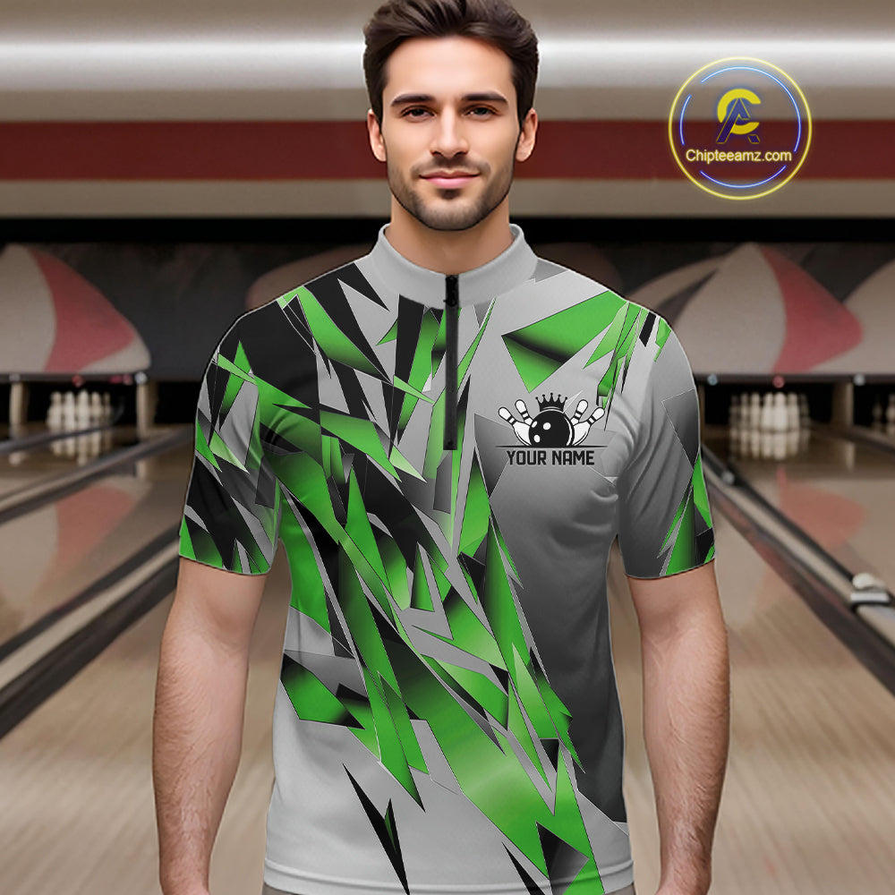 Green And Gray Custom Bowling Jersey, Matching Bowling Team Men Quarter Zip Shirt Bowler Gift IPHW12256
