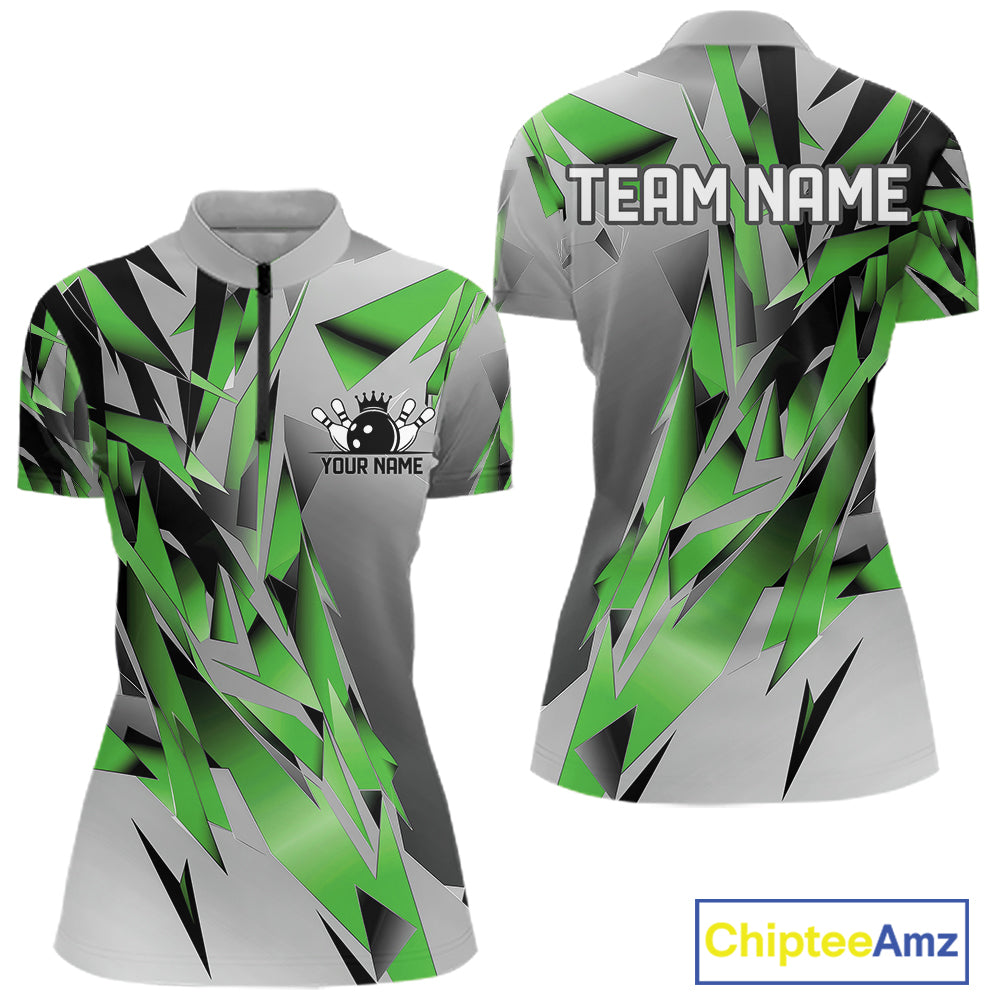 Green And Gray Custom Bowling Jersey, Matching Bowling Team Women Quarter-Zip Shirt  IPHW12256
