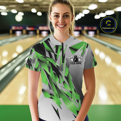 Green And Gray Custom Bowling Jersey, Matching Bowling Team Women Quarter-Zip Shirt  IPHW12256