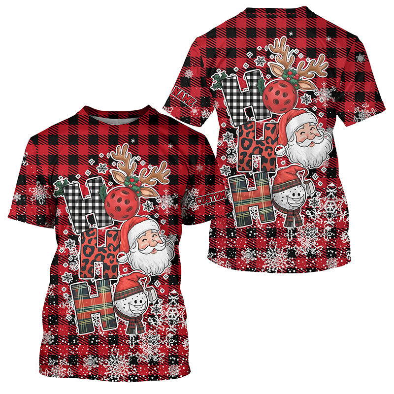 Red Plaid Ho Ho Ho Christmas Pickleball Custom T-Shirts For Men And Women, Christmas Pickleball Outfits Gifts IPHW7738