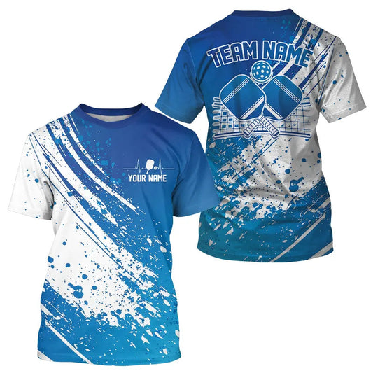 Custom Blue And White Pickleball T-Shirts For Men, Pickleball Heartbeat Pulse Line IPHW8200