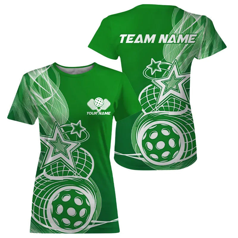 Custom Green Pickleball Star T-Shirts For Women, Outdoor Pickleball Team Uniform IPHW8209