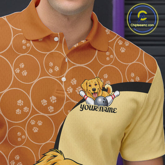Custom Cute Funny Golden Retriever Dog Bowling Men Polo Shirts, Dog Lovers Bowling Shirt IPHW10285