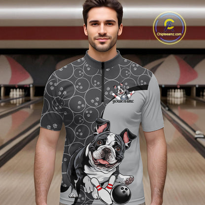 Custom Cute Funny French Bulldog Bowling Men Quarter-Zip Shirts, Dog Lovers Bowling Shirt IPHW10286